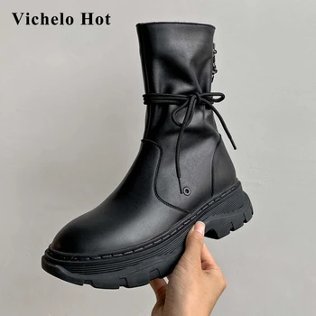 

Vichelo Hot motorcycle boots natural leather sewing handmade round toe thick high heel back zipper coolest star ankle boots L1f3