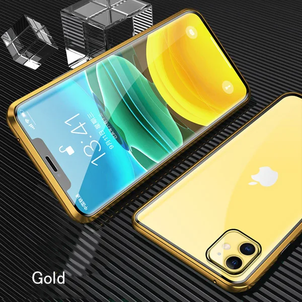 Двухсторонний стеклянный чехол для телефона для iPhone 11 11 Pro 11 Pro Max X XS Max XR Магнитный адсорбционный чехол для iPhone 7 8 6 6s Plus - Цвет: Gold
