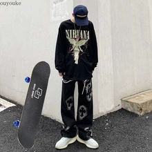 Pantalones de monopatín para hombre y mujer, jeans sueltos con patrón cruzado impreso de calle alta, pierna recta, cintura ancha Y2K, jeans de Hip Hop