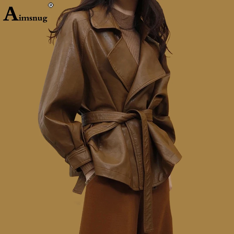 

PU Leather Jacket 2019 Women Coat Female Bandage Waist Jackets Motorcycle Tunic Outerwear Lapel Oversize Loose Casual Coats