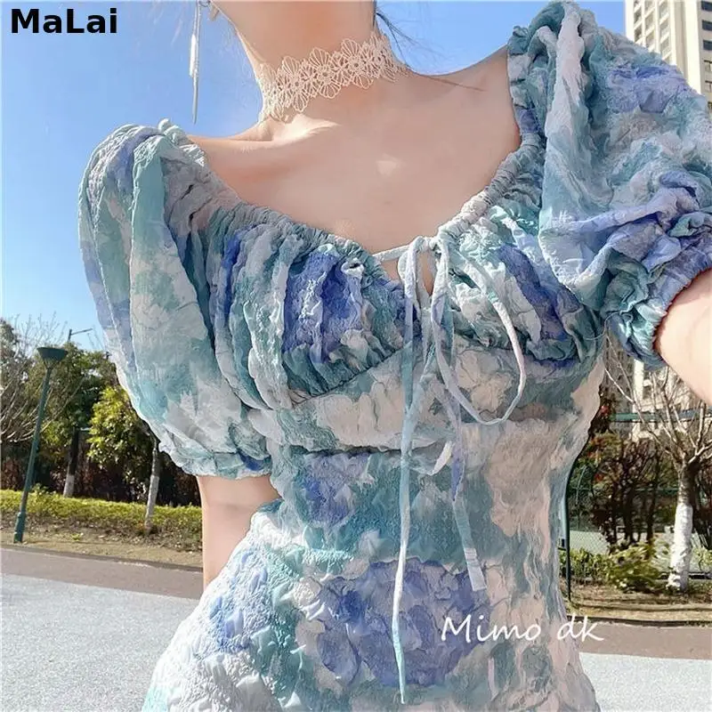 

Summer Elegant Floral Dress French Print Vintage Casual Sexy Long Dress 2021 Female Classy Chic V-Neck Kawali Party Beach Dress
