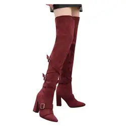 25 новая обувь женские сапоги до колена с пряжкой на ремешке сапоги на толстом каблуке Зимние Сапоги выше колена zapatos de mujer