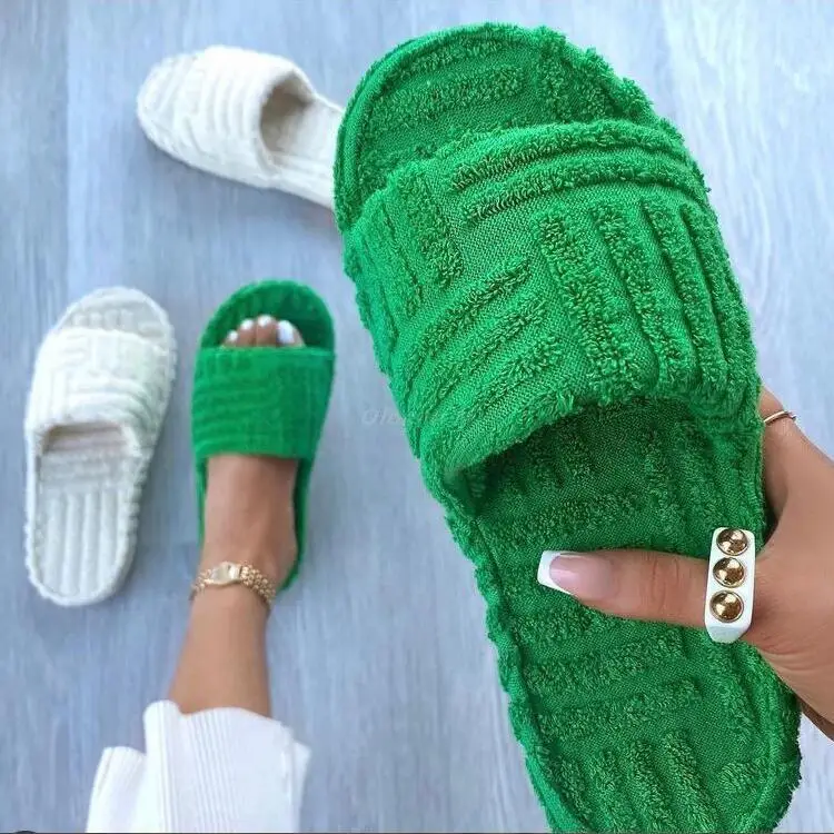 Hot women new luxury one-word thick-soled warm furry women's shoes embossed cotton drag outdoor all-match casual slippers 3