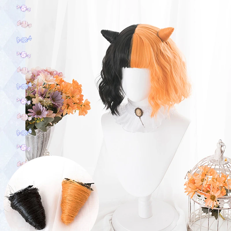 

Harajuku Mixed Black Orange Lolita Wig Horns Short Curly Synthetic Hair Fringe Bangs Adult Girls Halloween Evil