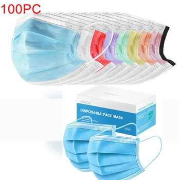 

100Pcs Disposable Face Mask 3Layer Anti-Dust Smog Breathable Earloops Masks In Stock Fast Shipping 9 Color Red Purple Green