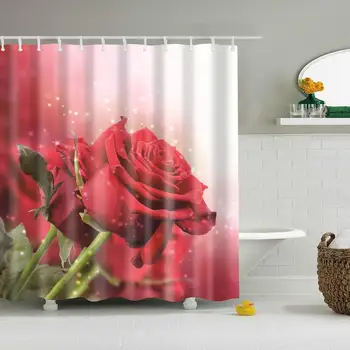 

Waterproof Thicken Polyester 3D Shower Curtain Red Rose Mildew Proof Bath Tub Curtain with 12 pcs Hooks