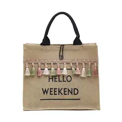 Women's Large Capacity Linen Tote with Tassel - Elegant Shoulder Bag for Summer Beach and Casual Travel (Black)
