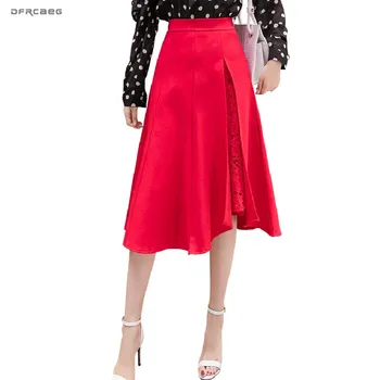 

Plus Size Patchwork Lace Women Irregular Mid-Long Skirt Spring Autumn 2020 High Waist Elegant Office Pleated Skirts Female 5XL