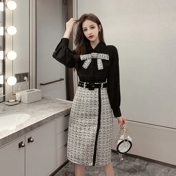 

Loose Fashion A-line Women's Sets Open Side Split Casual Brief 2 Pcs Set Korean Bow High Waist Vintage Two Piece Set