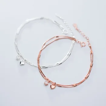 

925 Solid Sterling Silver Double Layer Chain Rose Gold Color Heart Shape Bracelet For Women Lady Daughter Fine Jewelry Gift