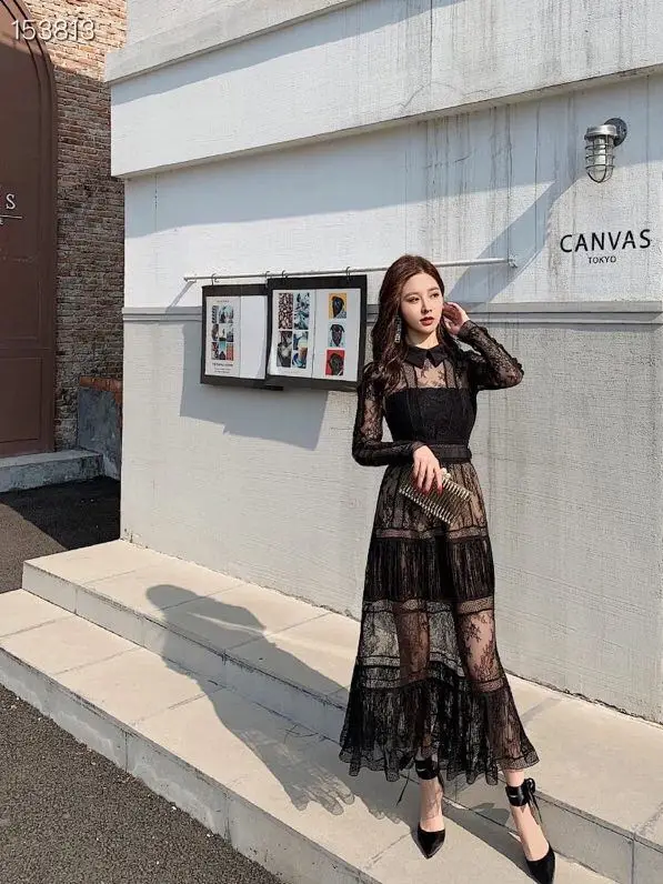 

2020 Runway Sexy New Mermaid Evening Perspective Dresses Belt Black Lace Patchwork Embroidery Party Women Ankle Length Dress