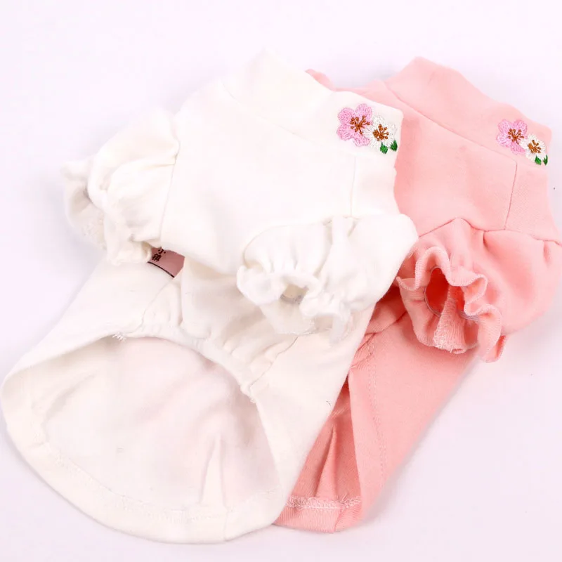 

White Pink Pet Clothes For Girls Embroidery Flower on Clothes Collar Teacup Cat Bubble Sleeves Dog Clothing Bottom Shirt Hoodies