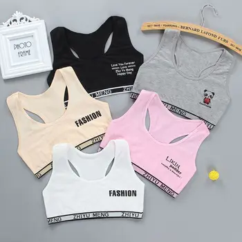 

Junior Girl Racerback Cotton Sport Training Bra Letter Print Solid Color Wide Strap Underwear Bralette Seamless Layered Crop Top