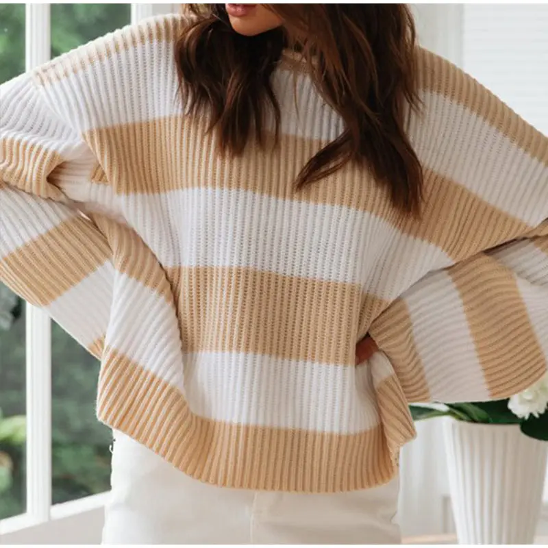 Женский зимний свитер, пуловер в полоску с круглым вырезом, свободные свитера для женщин, новинка, весенние женские джемперы
