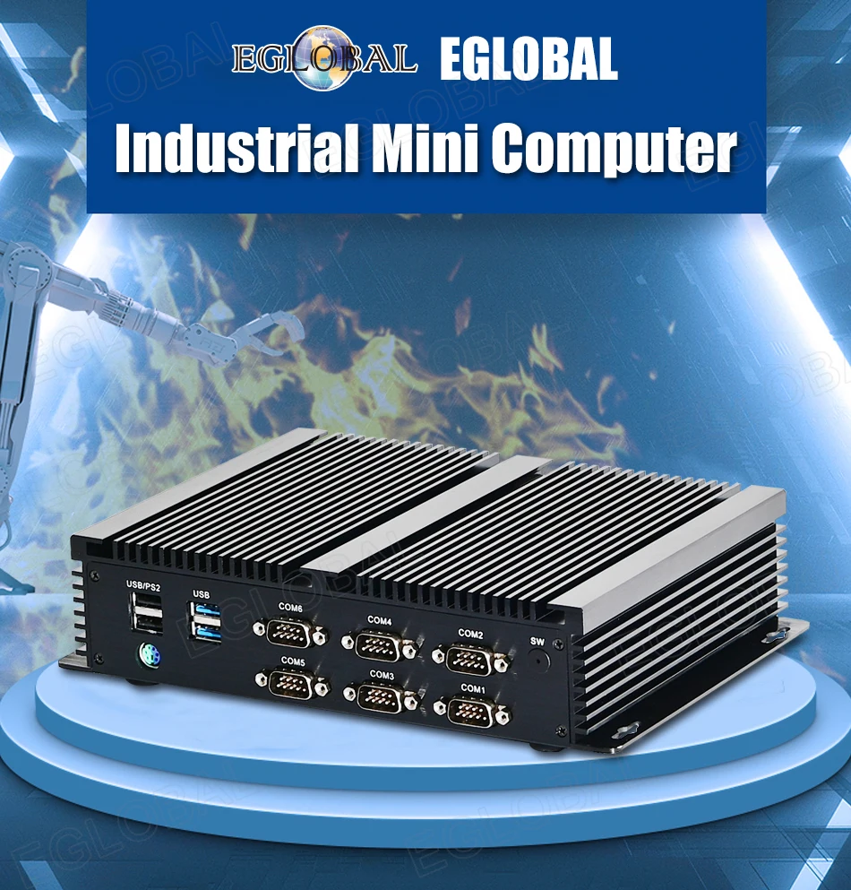 Elevate Your Operations with the Eglobal Industrial Fanless Mini PC - 6 COM, 2 LAN, Windows/Linux, Barebone System. Experience 7/24 Hours Working, 4 USB 2.0, 4 USB 3.0, and WIFI. Upgrade your industrial setup with this high-performance computing solution! Description Image.
