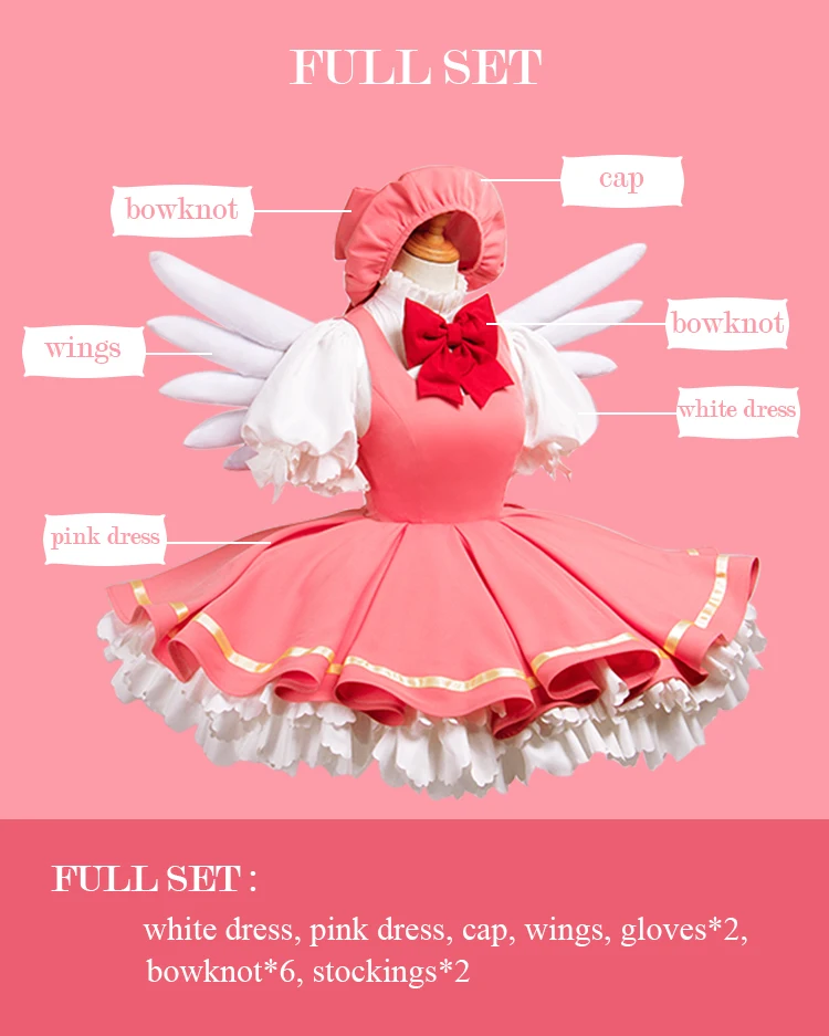 Cardcaptor Sakura Cosplay Kostüm Kinomoto Sakura Rosa Kleid mit Flügeln Karneval Halloween Frauen 12