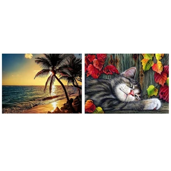 

Full Drill Cat Leaves 5D Diamond Painting & Full Drill Embroidery Cross Stitch Kits Beach Sunset Decors
