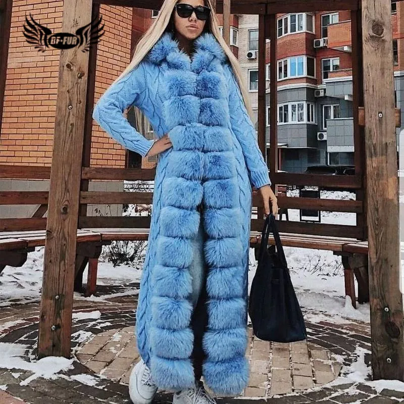 Женское трикотажное пальто BFFUR длинное в полоску с натуральным лисьим мехом и