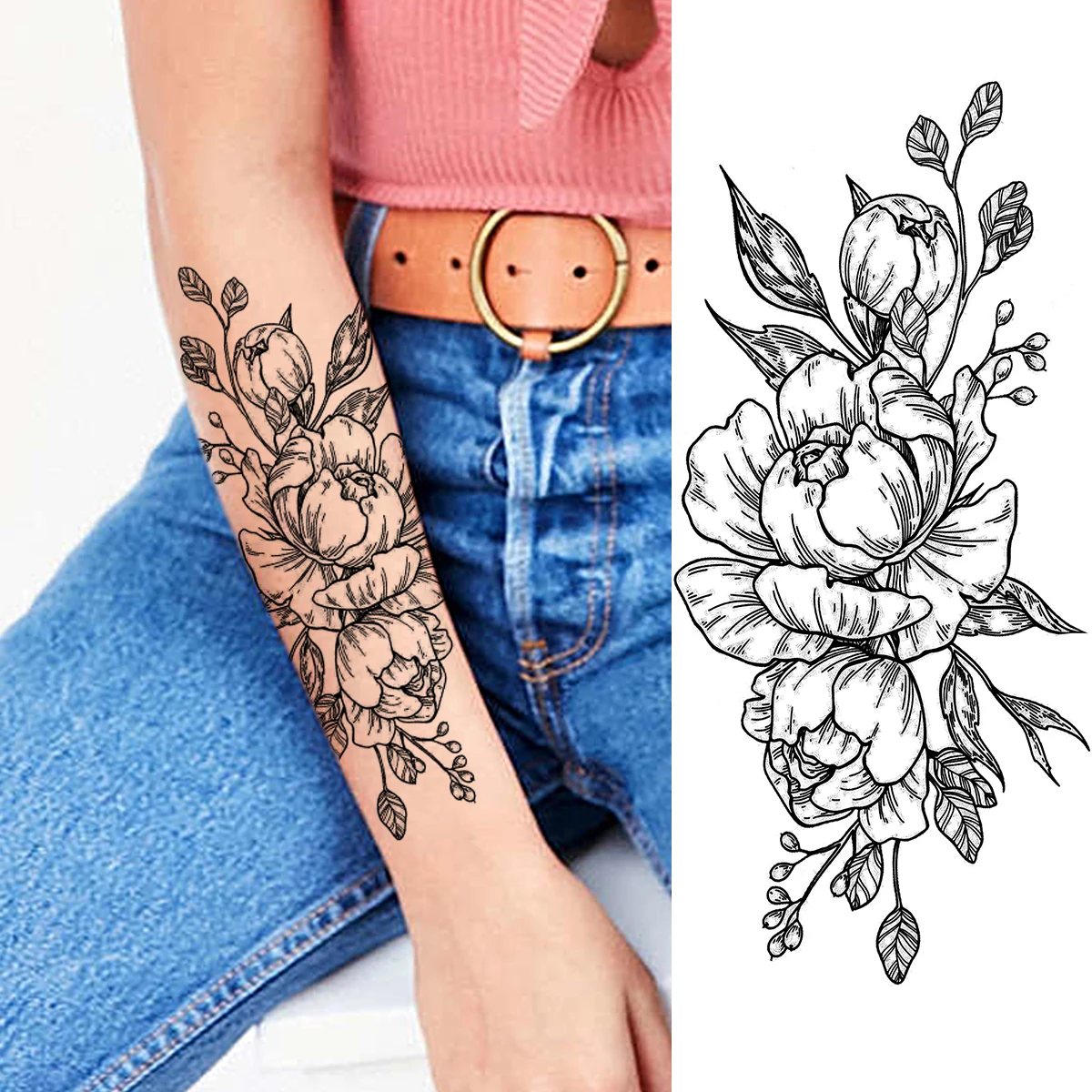 3d Realistic Black Snake Rose Flower Temporary Tattoos Women - Temu