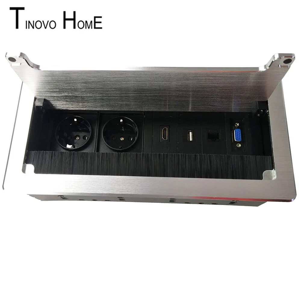 

Office conference desktop socket / 2 European standard power HDMI RJ45 USB VGA network socket box aluminum alloy brush dustproof