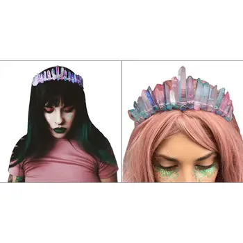 

Boho Handmade Bridal Tiara Crown Faux Raw Crystal Rainbow Colorful Aura Headband