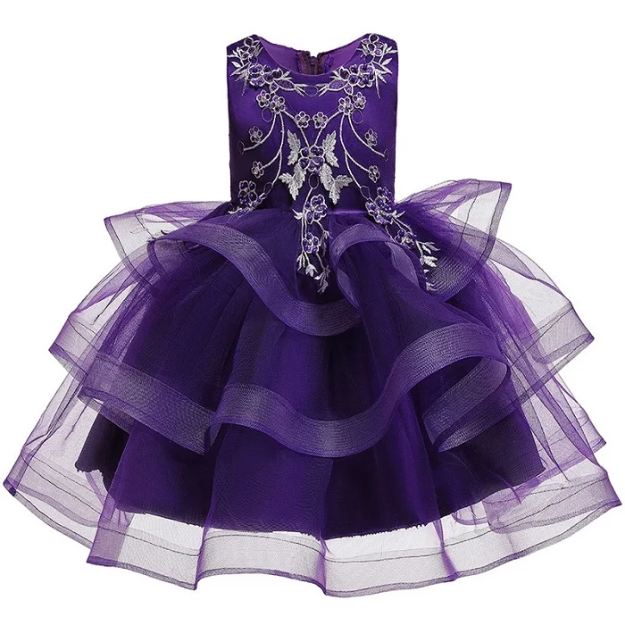 Детское платье для танцев платье принцессы с вышивкой для маленьких девочек возрастом от 1 года до 8 лет пышная детская одежда из сетчатой ткани с бусинами и цветами для свадебной вечеринки - Цвет: purple