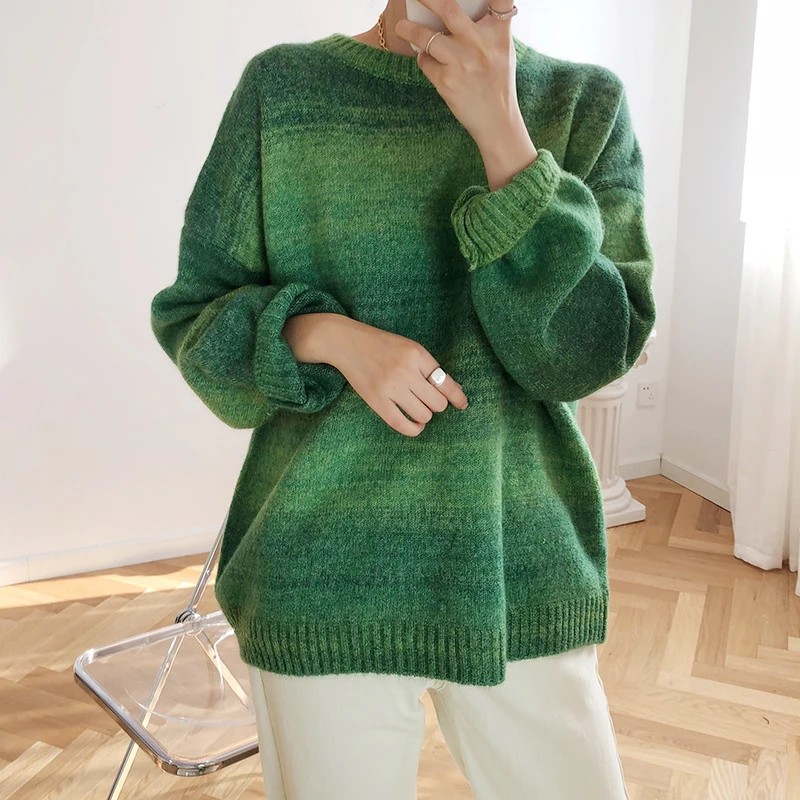 

HLHPYHB Autumn Winter Female Mohair Lazy Jumper Sweater Woman Gradient Knitwear Loose Outwear Female Casual Knitting Pullover