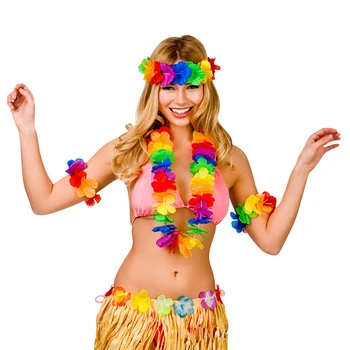 

4pcs/set Hawaiian Flowers Wreath Tropical Flower Garland Necklace Bracelets Headband Set Adult Kids Beach Costume Party Decor