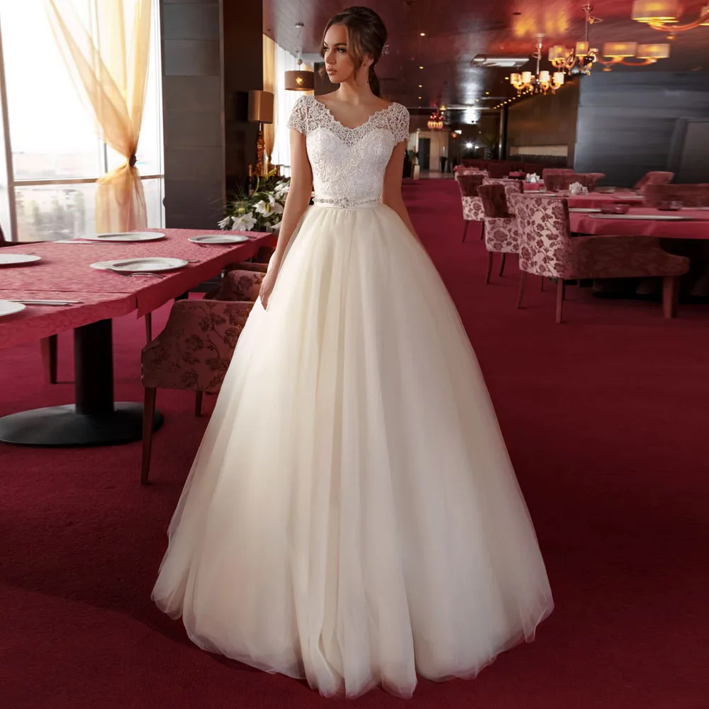 Светло-бежевый свадебный наряд v-образный вырез с короткими рукавами кружевное свадебное платье с аппликацией трапециевидная пуговица платье невесты Vestido De Noiva
