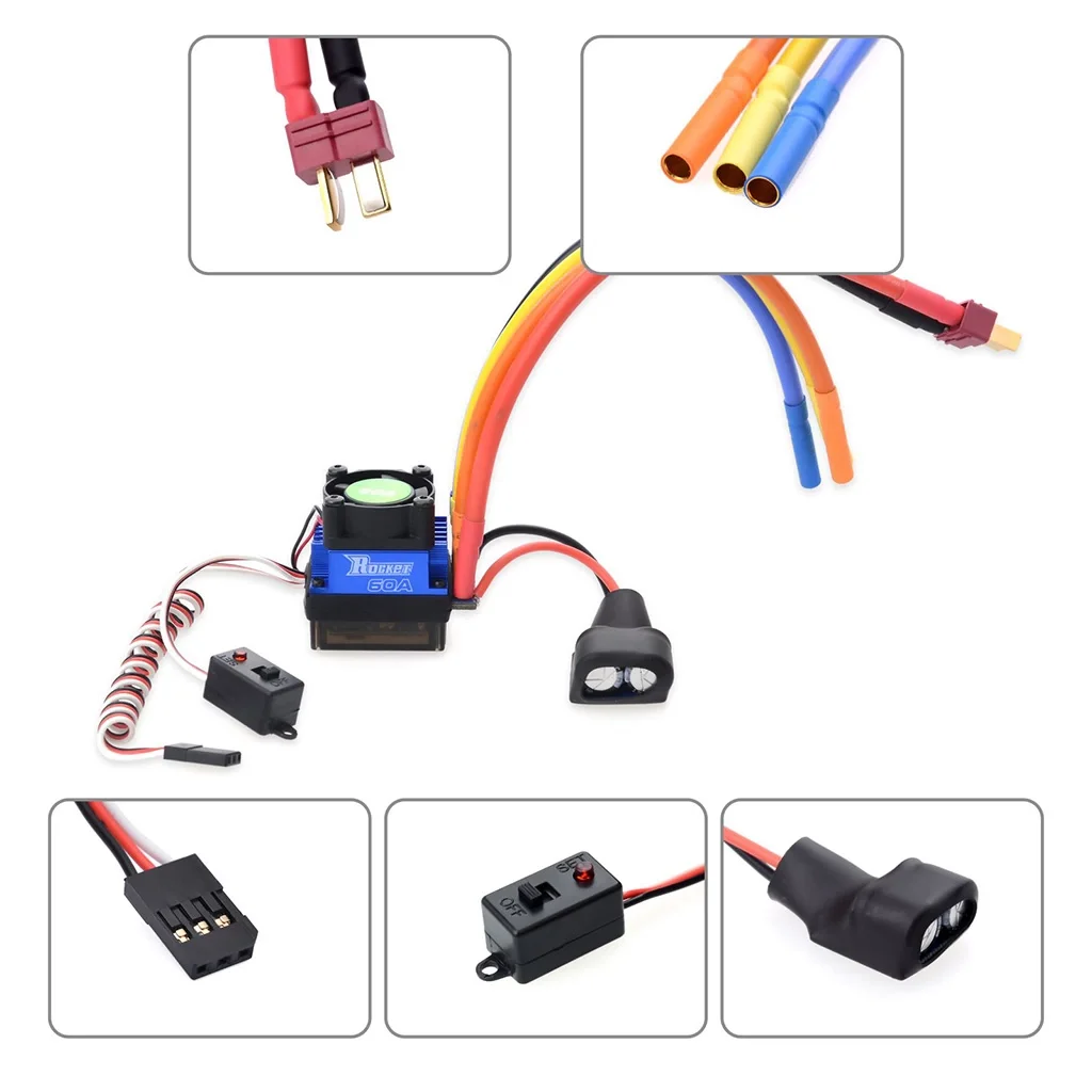 Connector rc dc motor parts rc car esc combo 60a esc for 1/10 cars motor cooling fan