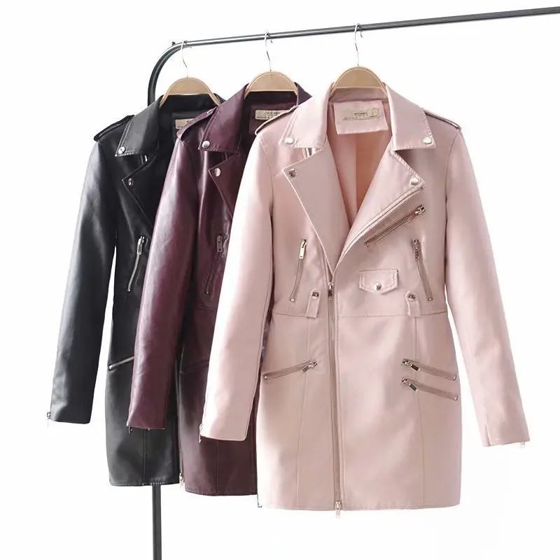 

Mid-length Leather Coat Women's 2018 Autumn And Winter New Style Waist Hugging Multi-Zipper Lady Leather Jacket Coat