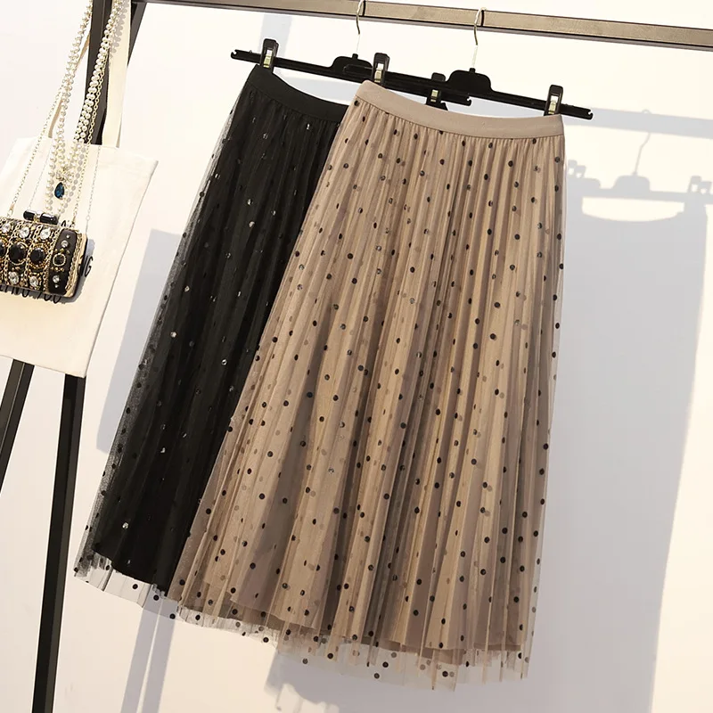 Новинка, летняя женская юбка с принтом, черная, хаки, в горошек, с гибкой талией, 5XL, плюс размер, повседневная, Милая юбка для девушек, для офиса