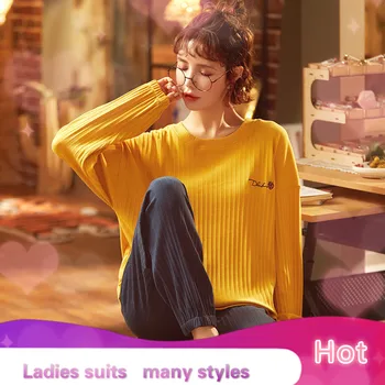 

Pajamas Women's Long-sleeved Cotton Home Suit Autumn and Winter Round Neck Ladies Trousers Plus Size Cute Home Service