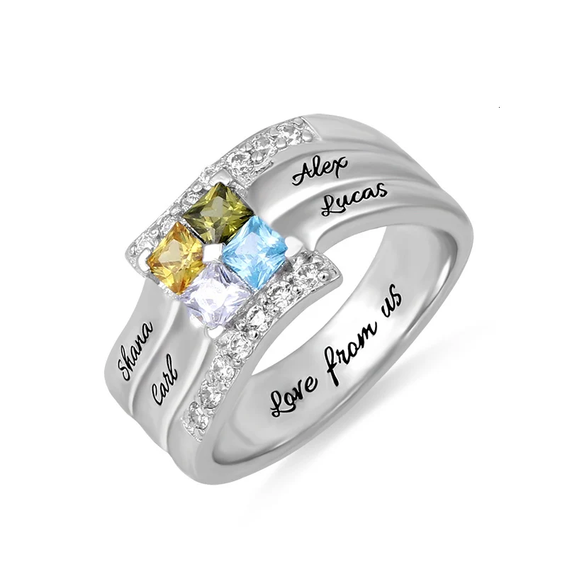 

XiaoJing 925 Sterling Silver Personalized Square CZ Rings Engraved Family Name&Birthstone Ring Custom Special Gift free shipping