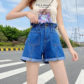 

COIGARSAM 4XL Plus Size Loose Denim New Summer Hole Stretch Thin High Waist Women Shorts Blue 5851