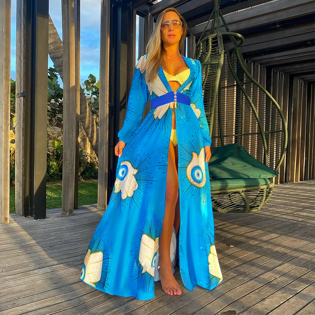 Blue Eyes Bikini Beach Cover up Tunics for Beach Long Kaftan Bikini Cover up Robe de Plage Sarong Beach Swimsuit cover-ups swim suit cover