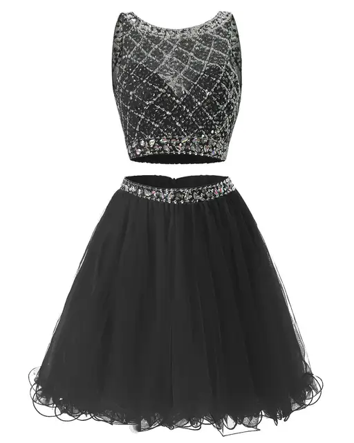 Free Shipping Homecoming Dress Tulle Two Pieces Girl Party Wear Cocktail Dresses Crystal Beaded Charming graduation robes Black
