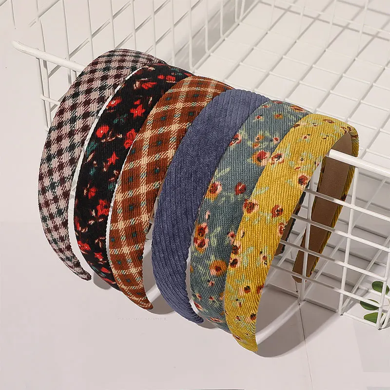 

Women Floral Plaid Print Headband Corduroy 1Pcs Headwear Hair Accessories Head Hoop Female Sweet Wide Hair Hoop Hairband Vintage