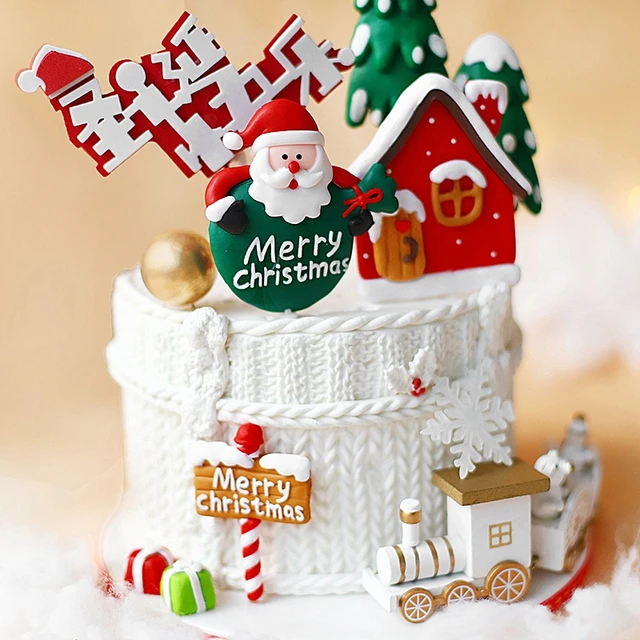 Santa Claus gift box Train Tree Merry Christmas Cake Toppers Happy New Year  Decorations Party Baking Supplies