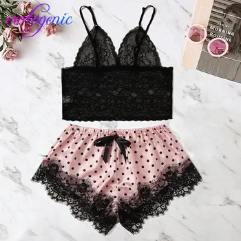 

2020Top Lingerie Sexy Underwear Women Satin Lace Silk Print Camisole Shorts Bow Set Sleepwear Pajamas Lingerie Erotic