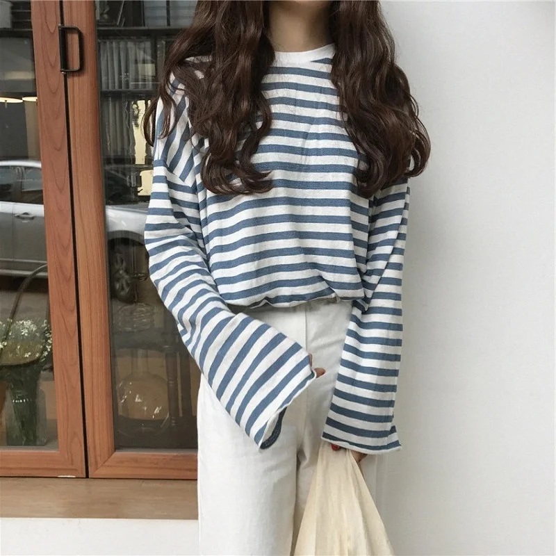 

women clothes 2019 autumn stranger things t shirt korean style harajuku casual oversized stripe long sleeve tee shirt femme