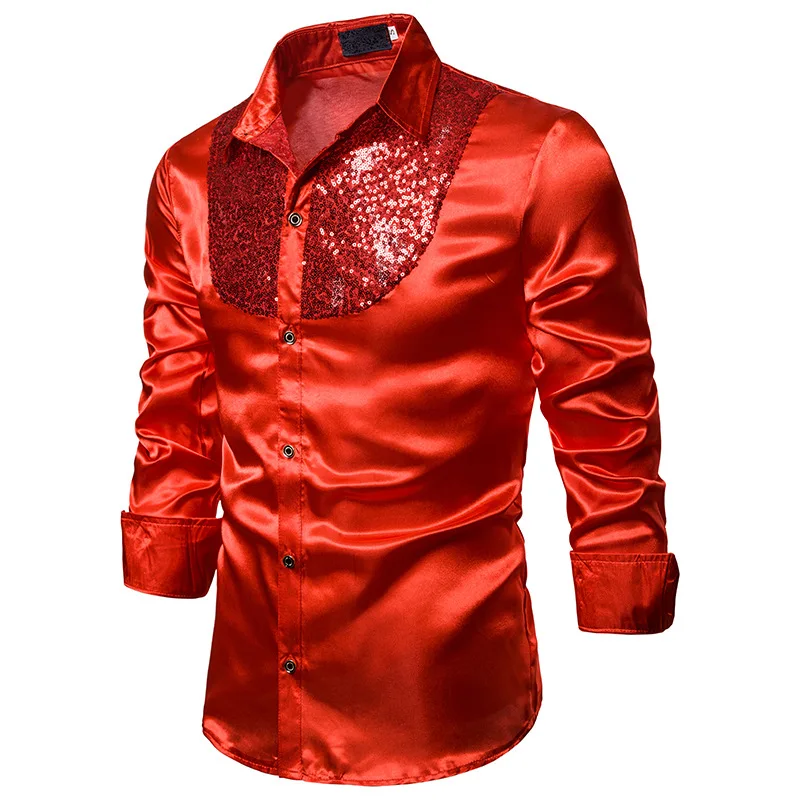 Мужская рубашка поло топы для ночного клуба шоу блестки с длинным рукавом на пуговицах вечерние костюмы