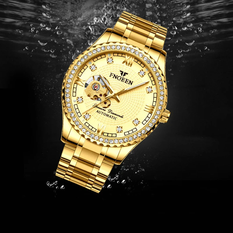 FNGEEN-Reloj de pulsera para hombre, con espejo de cristal recubierto, tallado hueco, dorado, automático, mecánico, estilo británico, resistente al agua - Imagen 5