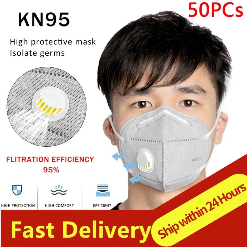 

50Pcs KN95 Face Mask With Air Valve Respirator Dust Mouth Masks Bacteria Proof Safety Wholesale Dropshipping Mascarillas