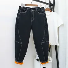 Винтажные Джинсы бойфренда для женщин мама Высокая талия джинсы черные зимние теплые флисовые шаровары брюки корейский уличная джинсовые брюки