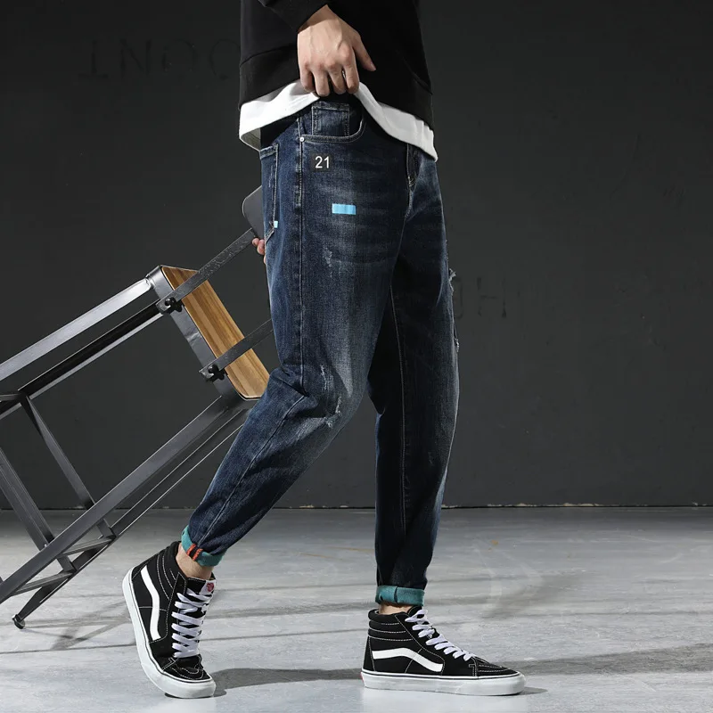 

Bi Intaglio Bottom New Fabric Popular Brand Micro Harem Jeans Men Slim Fit Elasticity Cone Skinny Pants Versatile Trend