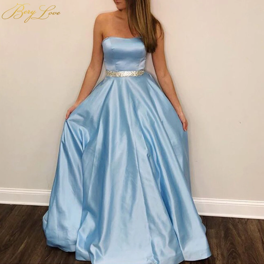 

Light Sky Blue Prom Dress 2020 A-line Strapless Evening Gown Floor Length Custom Women Formal Party Dress Beaded Sash Prom Gown