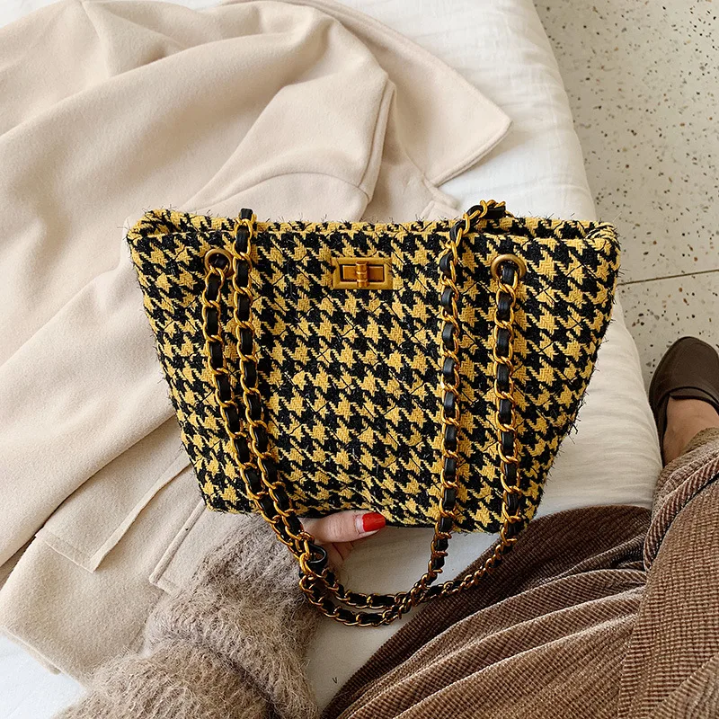 Houndstooth твид женская сумка через плечо Женская Роскошная зимняя цепь плед женские