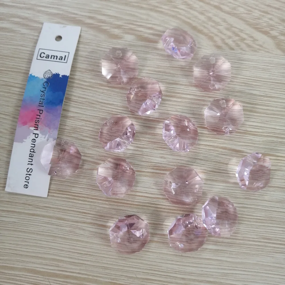 Camal 20pcs Pink 14mm Crystal Octagonal Loose Bead Two Holes Prisms Chandelier Lamp Parts Accessories Wedding Centerpiece