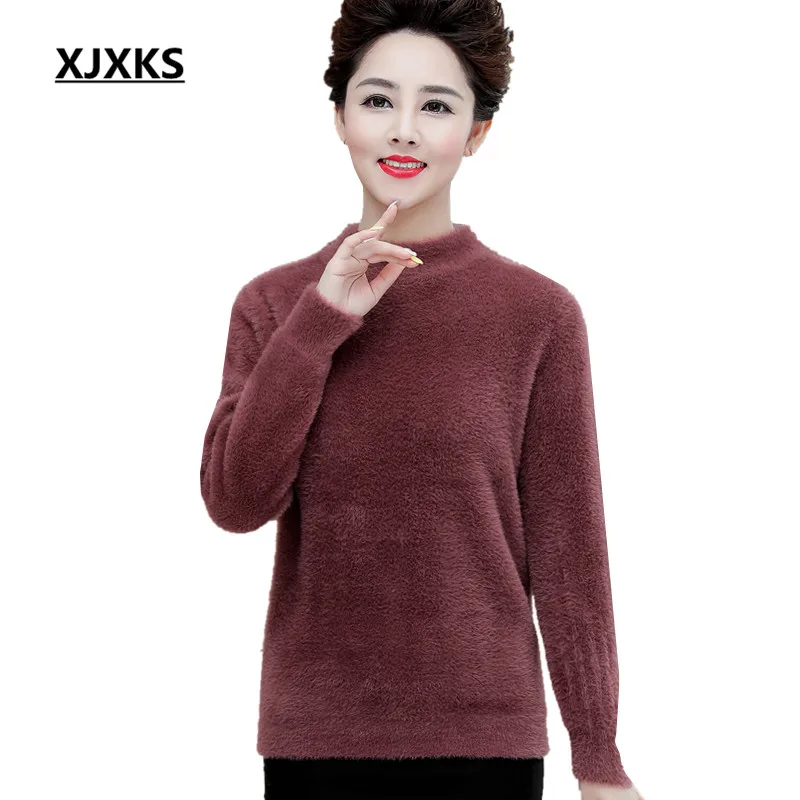 

XJXKS 2019 autumn winter new imitation mink cashmere women turtleneck sweater loose plus size thick warm women sweater pullover